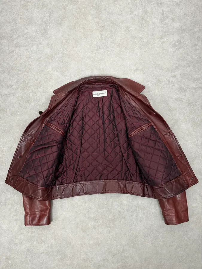 1990s Dolce & Gabbana Bordeaux Red Leather Buttoned Jacket - Image 7