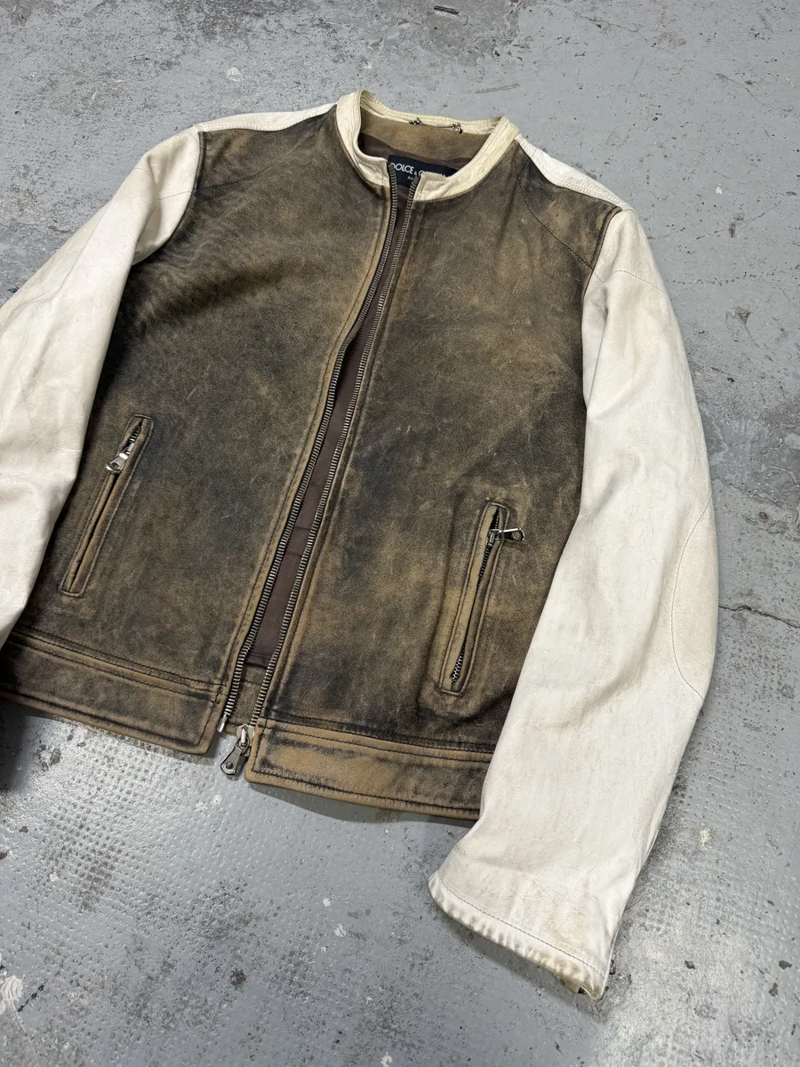 1990s Dolce & Gabbana Brown & White Leather Biker Jacket - Image 3