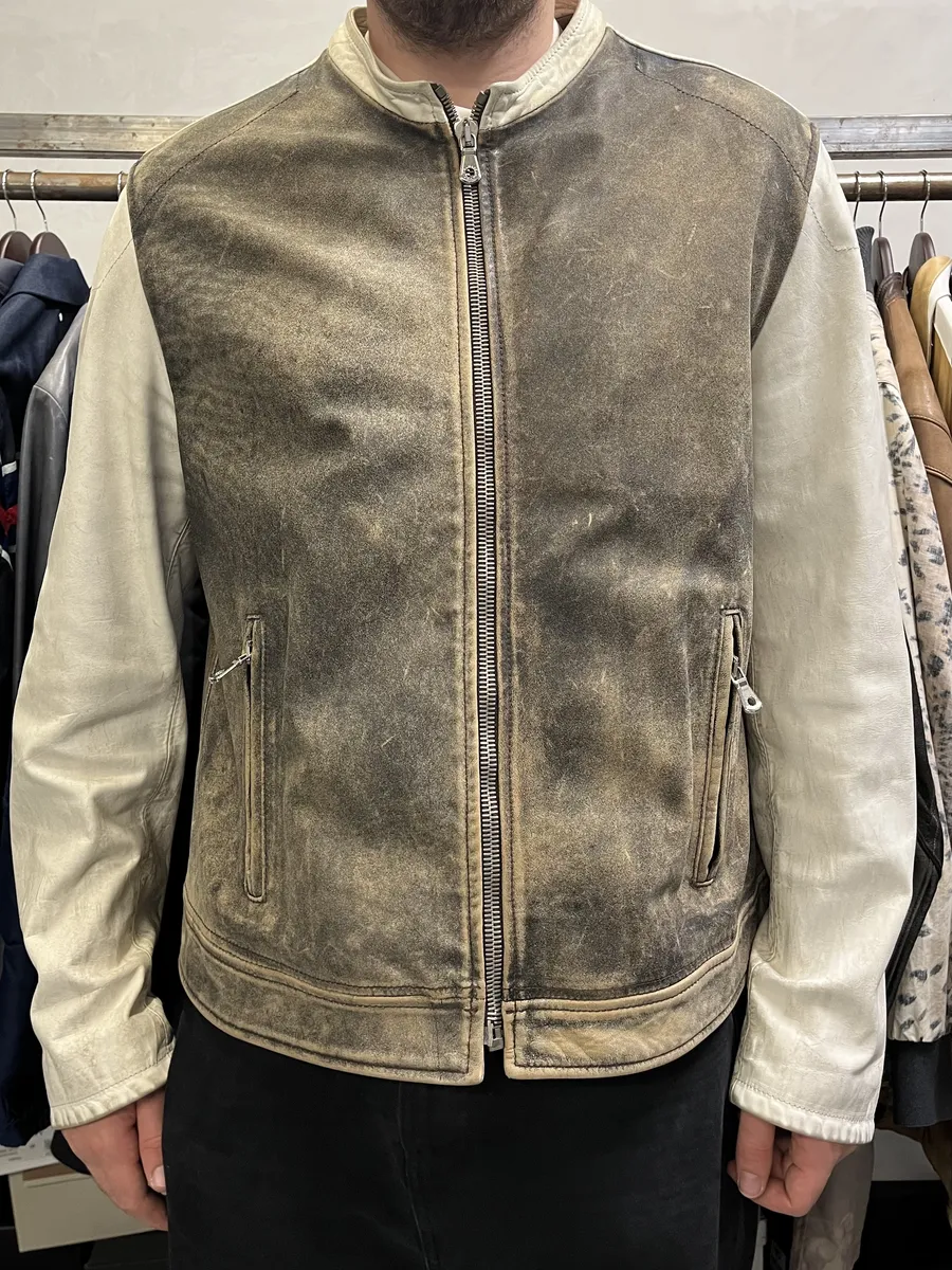 1990s Dolce & Gabbana Brown & White Leather Biker Jacket - Image 4
