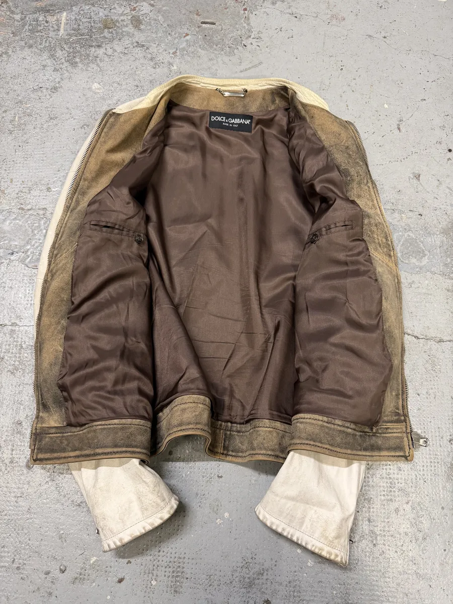 1990s Dolce & Gabbana Brown & White Leather Biker Jacket - Image 5