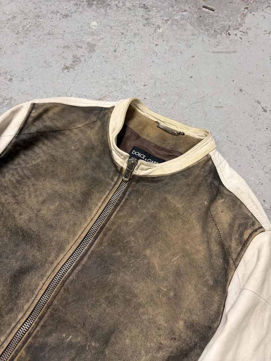 1990s Dolce & Gabbana Brown & White Leather Biker Jacket - Image 9