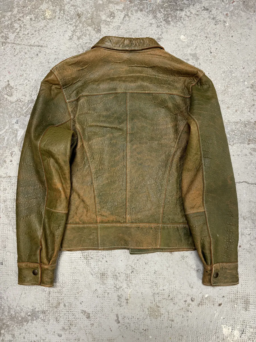 1990s Dolce & Gabbana Eroded Green Buttoned Leather Jacket - Image 6