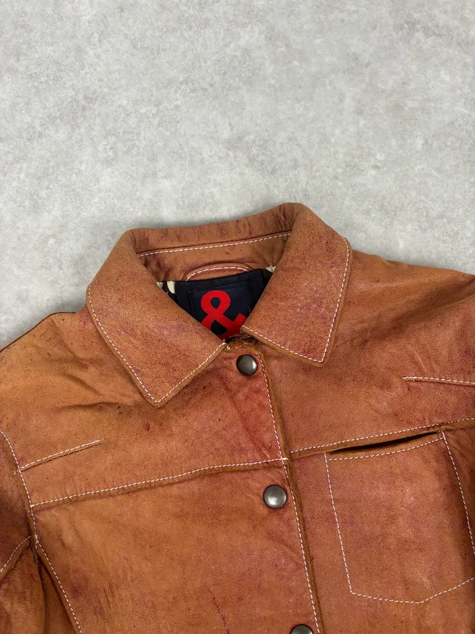 1990s Dolce & Gabbana Red Eroded Trucker Leather Jacket - Image 4