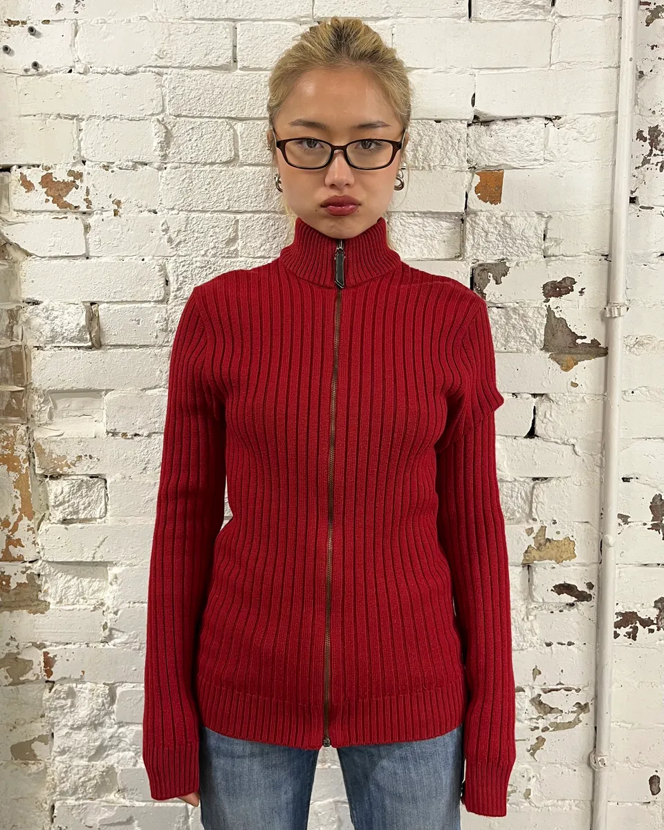 1990s Dolce & Gabbana Red Ribbed Zip-Up Sweater