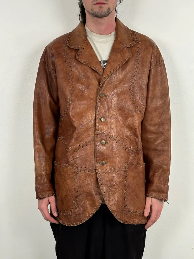 1990s Dolce & Gabbana Whipstitched Brown Leather Jacket - Image 2