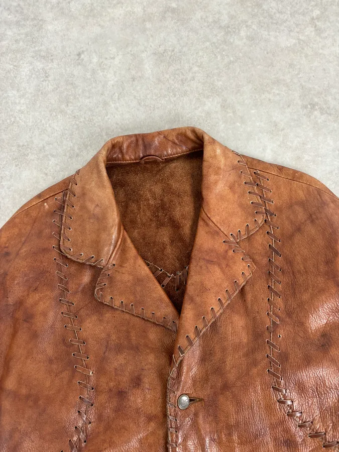 1990s Dolce & Gabbana Whipstitched Brown Leather Jacket - Image 4