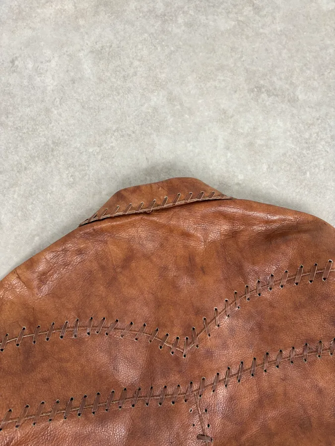 1990s Dolce & Gabbana Whipstitched Brown Leather Jacket - Image 6