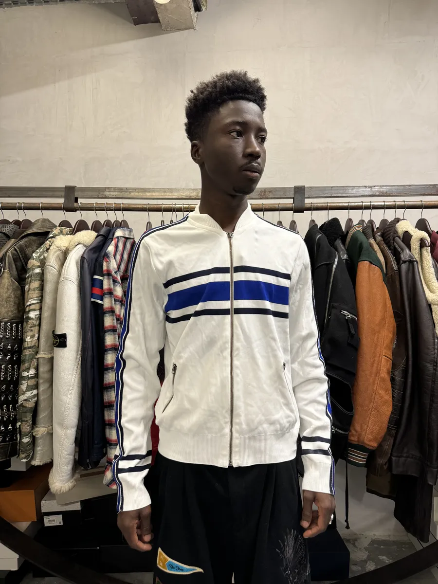 1990s Dolce & Gabbana White & Blue Lined Zip-up Sweater - Image 2