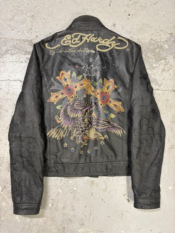 1990s Ed Hardy Black Leather Studded Cross Jacket - Image 6