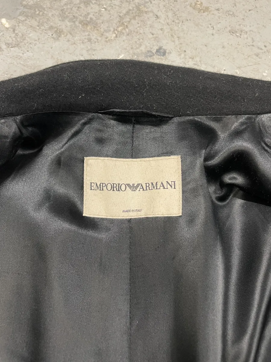 1990s Emporio Armani Asymmetrical Black Wool Trench Coat - Image 10