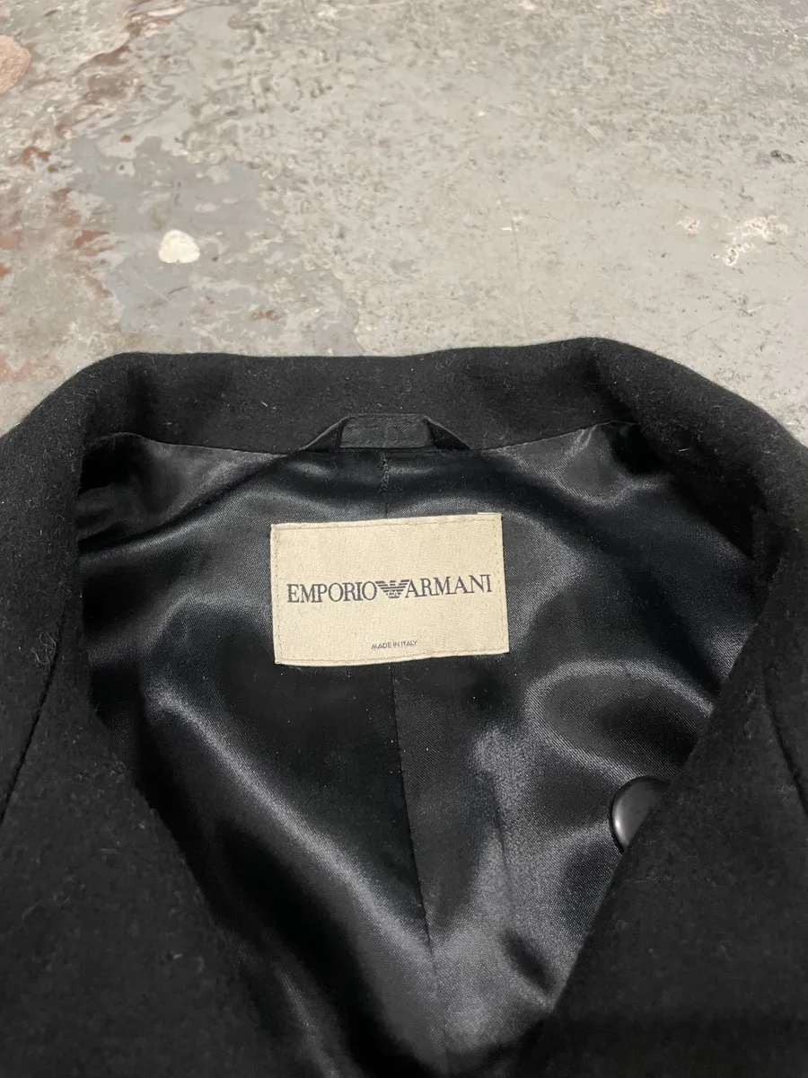 1990s Emporio Armani Asymmetrical Black Wool Trench Coat - Image 7