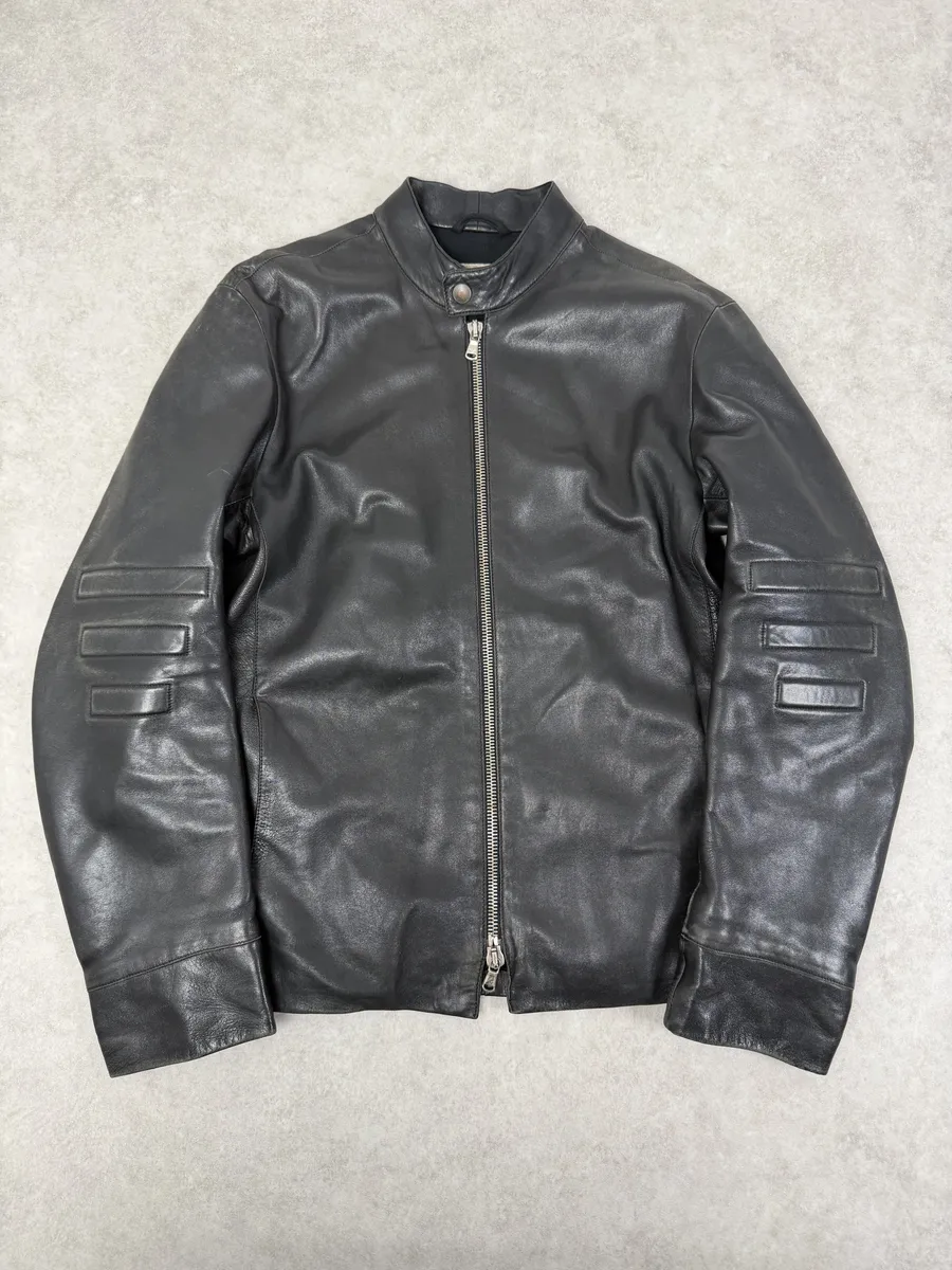 1990s Emporio Armani Black Padded Leather Minimalist Biker Jacket