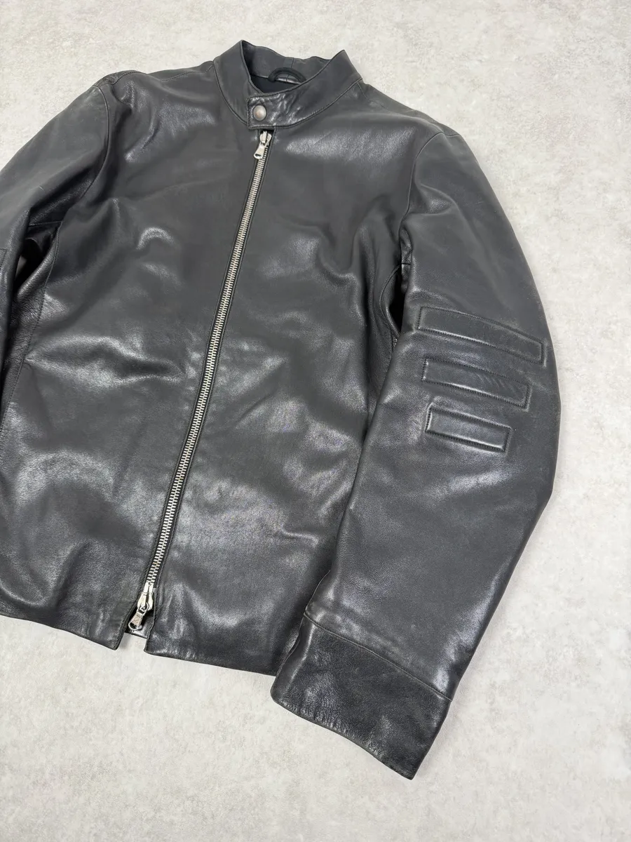 1990s Emporio Armani Black Padded Leather Minimalist Biker Jacket - Image 2