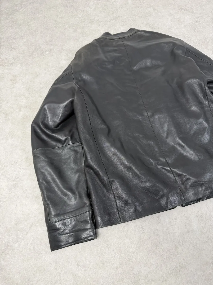 1990s Emporio Armani Black Padded Leather Minimalist Biker Jacket - Image 4
