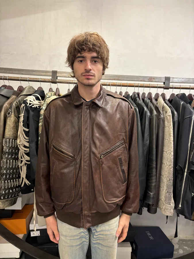 1990s Emporio Armani Brown Bomber Leather Jacket - Image 2