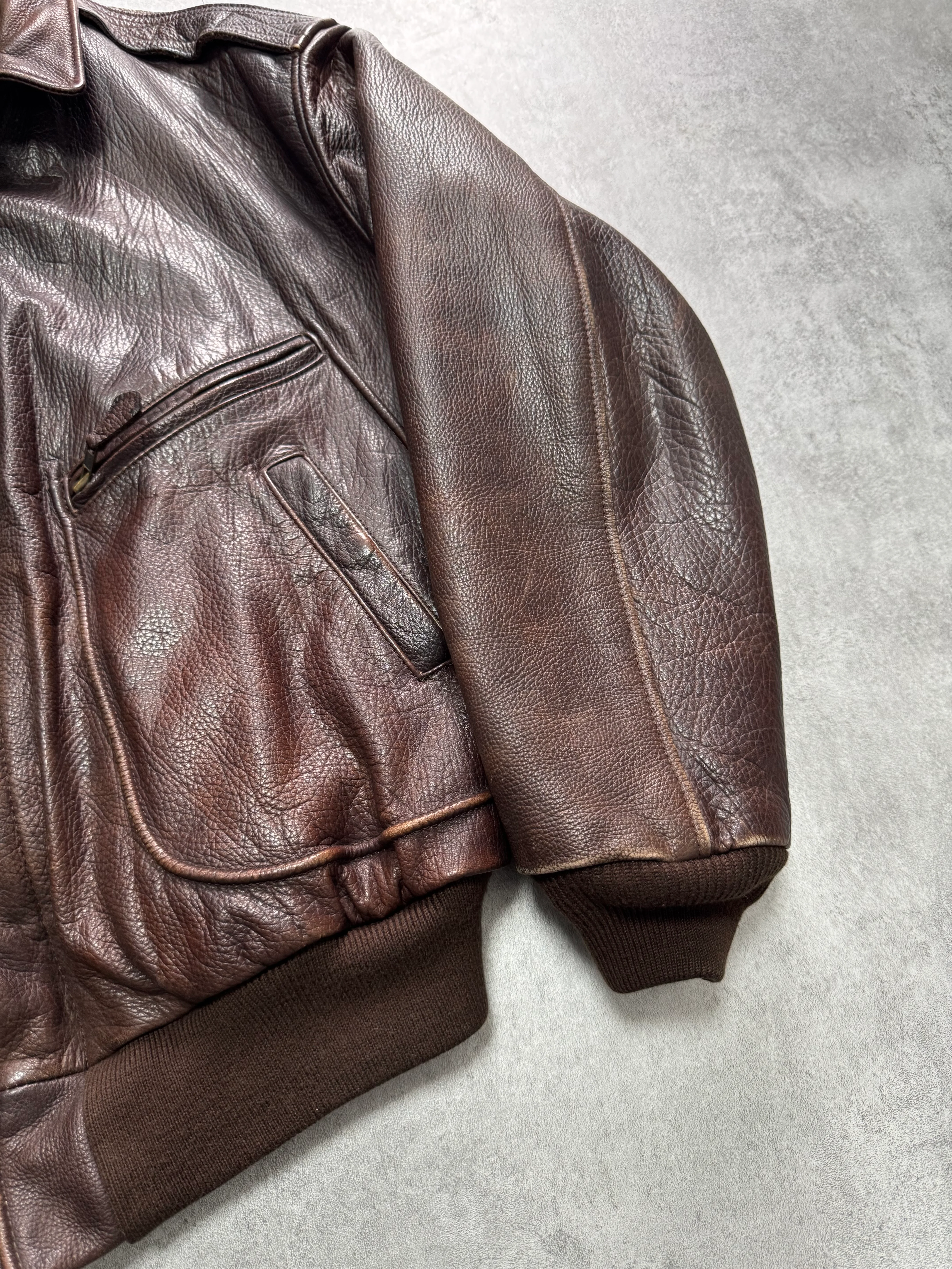 1990s Emporio Armani Brown Classic Bomber Leather Jacket (M) - Image 3