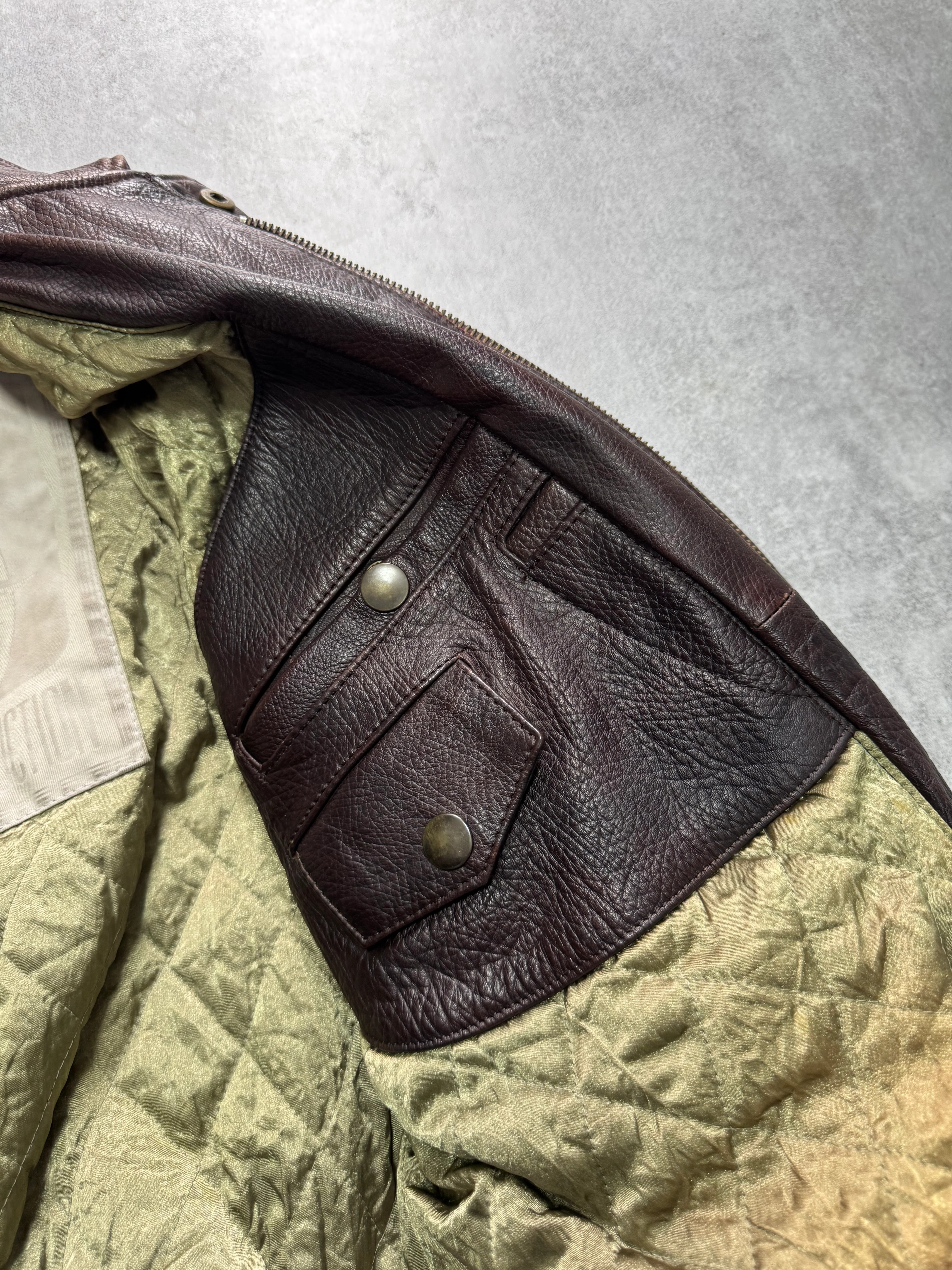 1990s Emporio Armani Brown Classic Bomber Leather Jacket (M) - Image 7