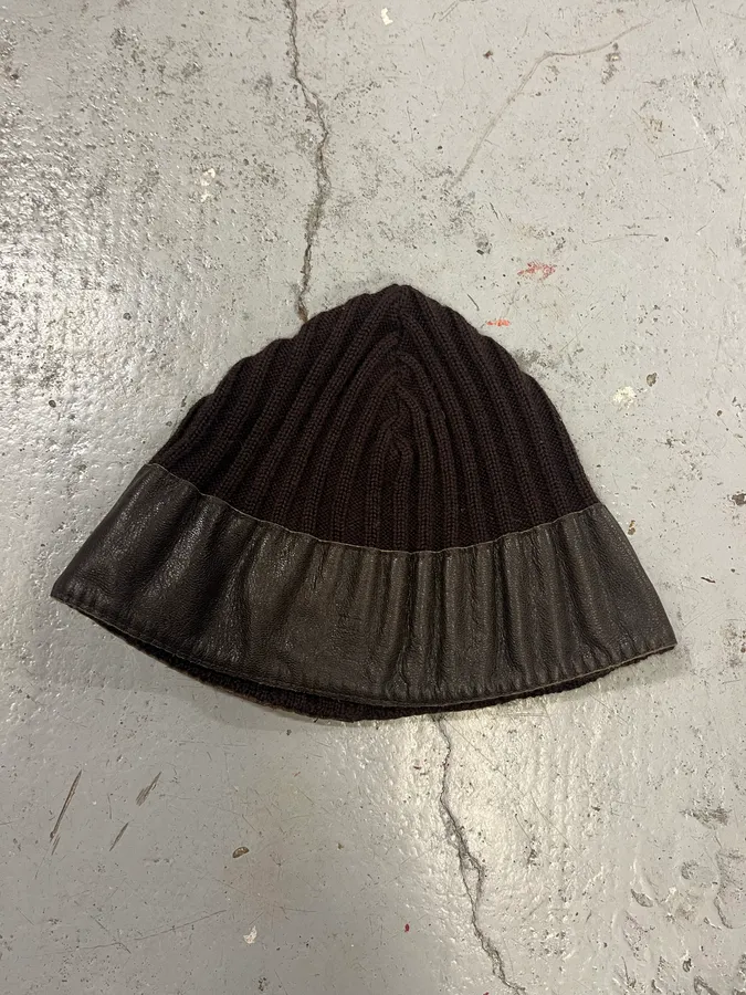 1990s Emporio Armani Brown Wool & Leather Beanie