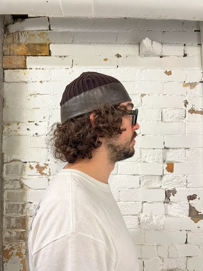 1990s Emporio Armani Brown Wool & Leather Beanie - Image 2