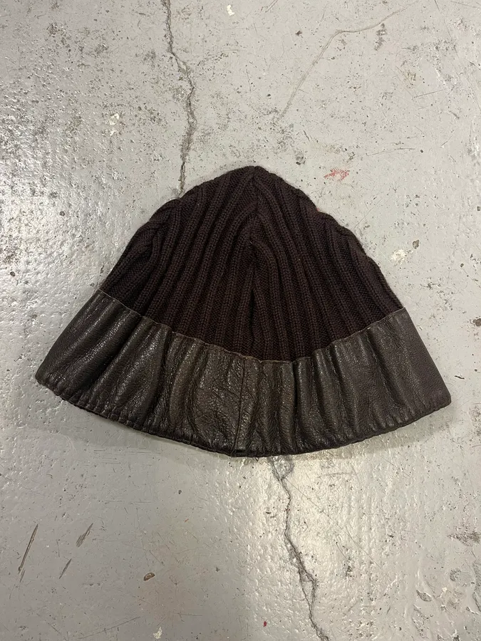 1990s Emporio Armani Brown Wool & Leather Beanie - Image 3