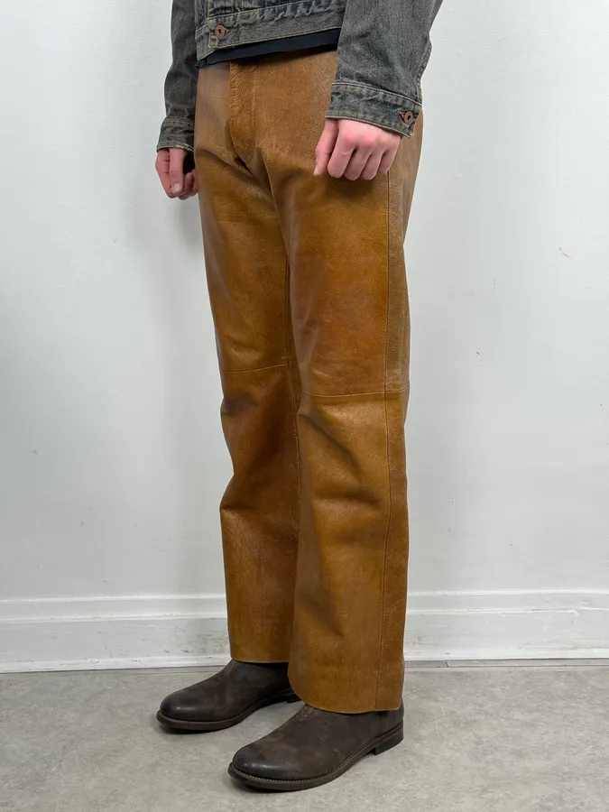 1990s Emporio Armani Cognac Silk-Lined Leather Pants - Image 4