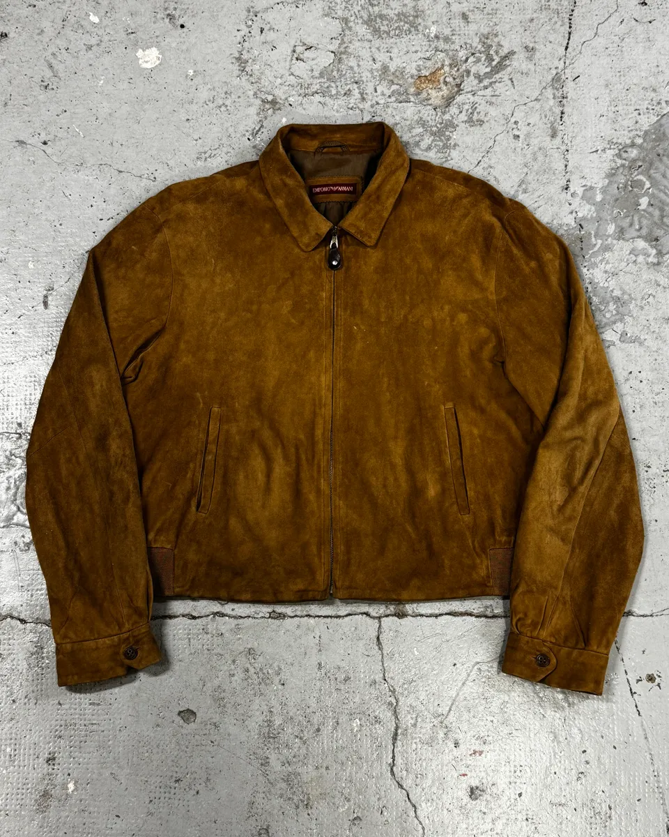 1990s Emporio Armani Cropped Beige Suede Leather Jacket