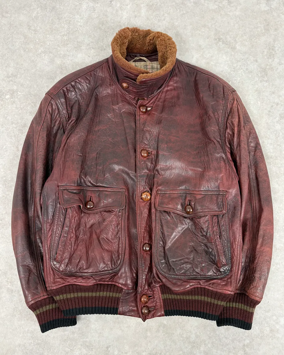 1990s Emporio Armani Sicons Brown Eroded Aviator Bomber Leather Jacket