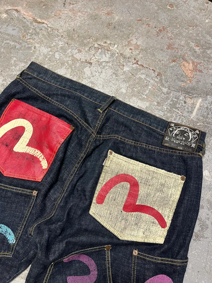1990s Evisu Multi Pockets Painted Brut Denim Large Collector Jeans - Image 7