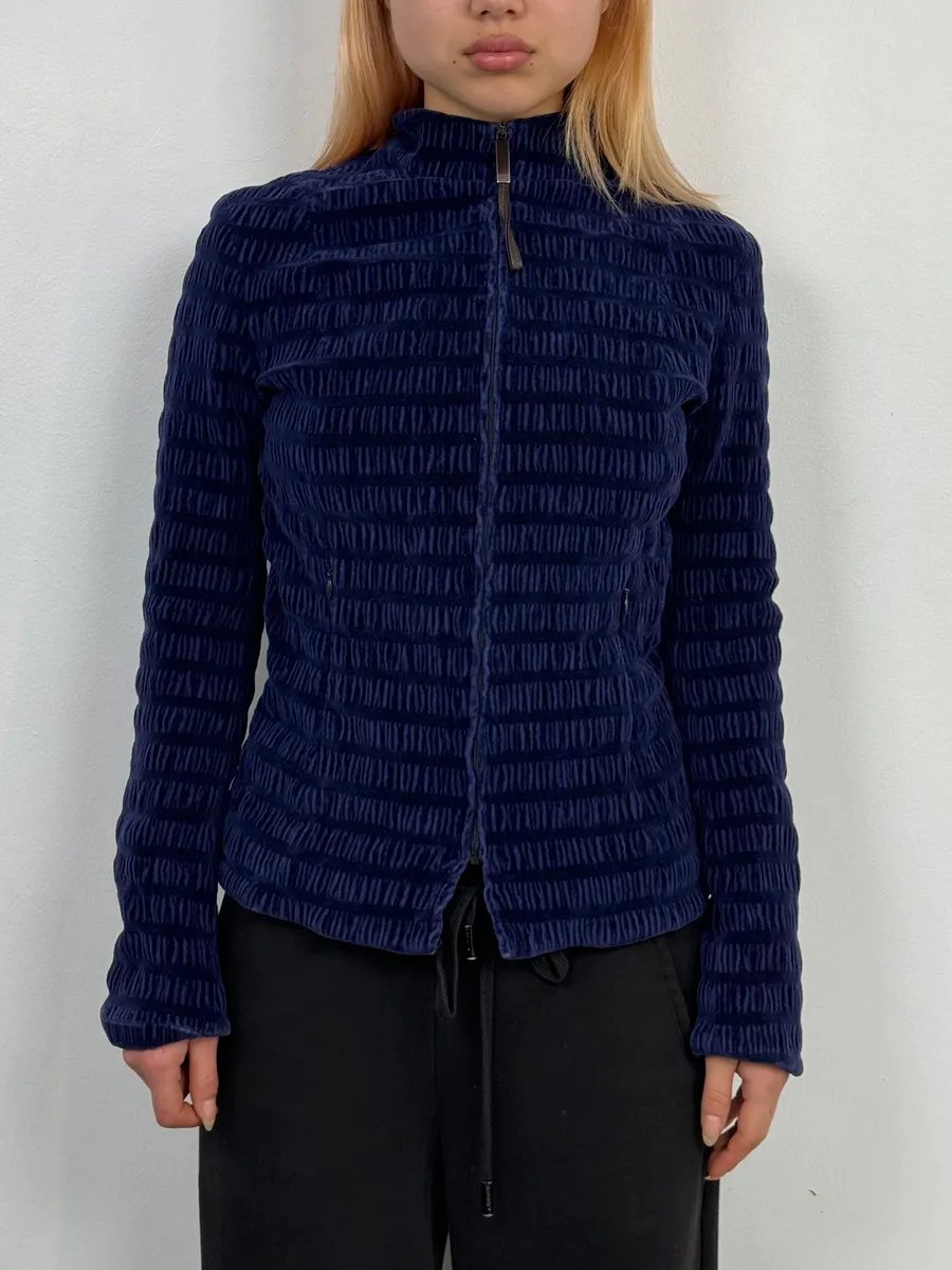 1990s Gianfranco Ferré Navy Velvet Zip-up Jacket - Image 2