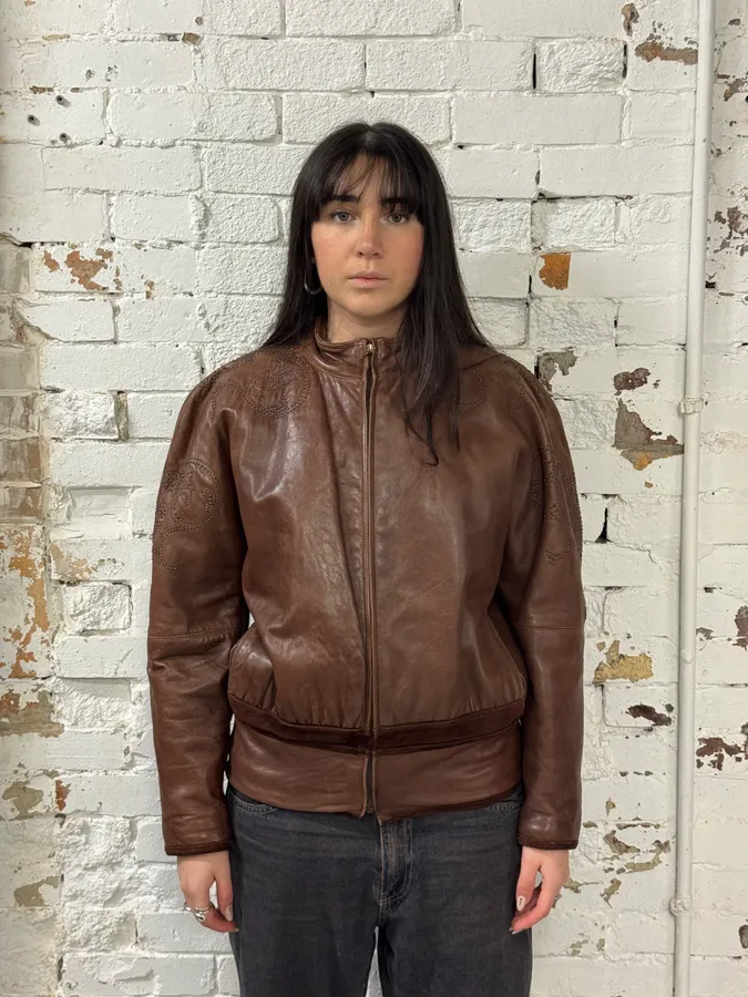 1990s Gianni Versace Brown Tribal Studded Leather Jacket - Image 2