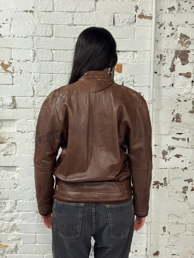 1990s Gianni Versace Brown Tribal Studded Leather Jacket - Image 3