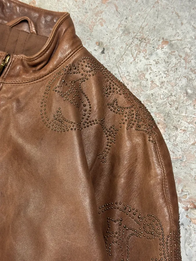 1990s Gianni Versace Brown Tribal Studded Leather Jacket - Image 4