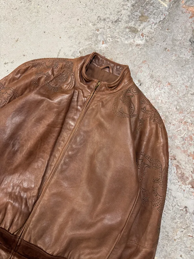 1990s Gianni Versace Brown Tribal Studded Leather Jacket - Image 6