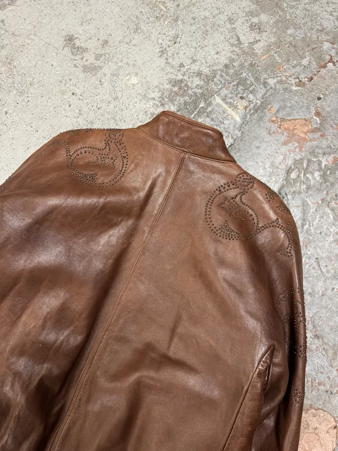 1990s Gianni Versace Brown Tribal Studded Leather Jacket - Image 7