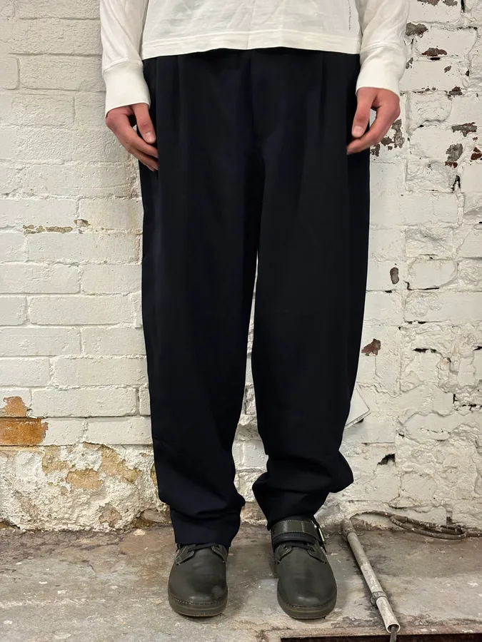 1990s Gianni Versace Navy Wool Wide-Leg Pants - Image 2