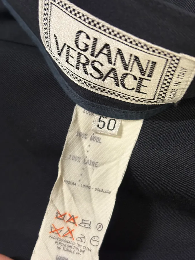 1990s Gianni Versace Navy Wool Wide-Leg Pants - Image 8