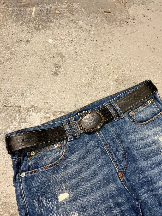 1990s Giorgio Armani Aztec Black Leather Belt - Image 3