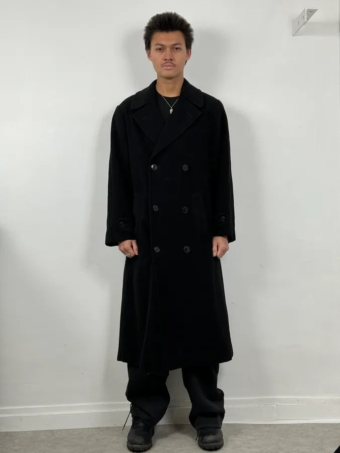 1990s Giorgio Armani Black Buttoned Wool & Silk Trench Coat