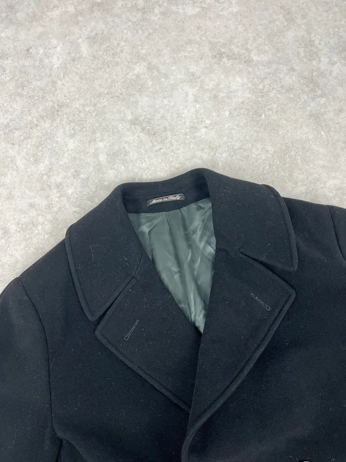 1990s Giorgio Armani Black Buttoned Wool & Silk Trench Coat - Image 4