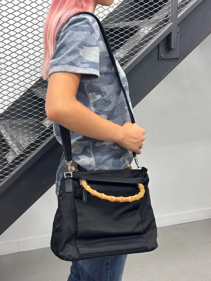 1990s Gucci Black Nylon Bamboo Handle Shoulder Bag by Tom Ford - Image 2
