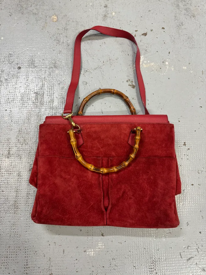 1990s Gucci Red Suede Leather Bamboo Handle Shoulder Bag