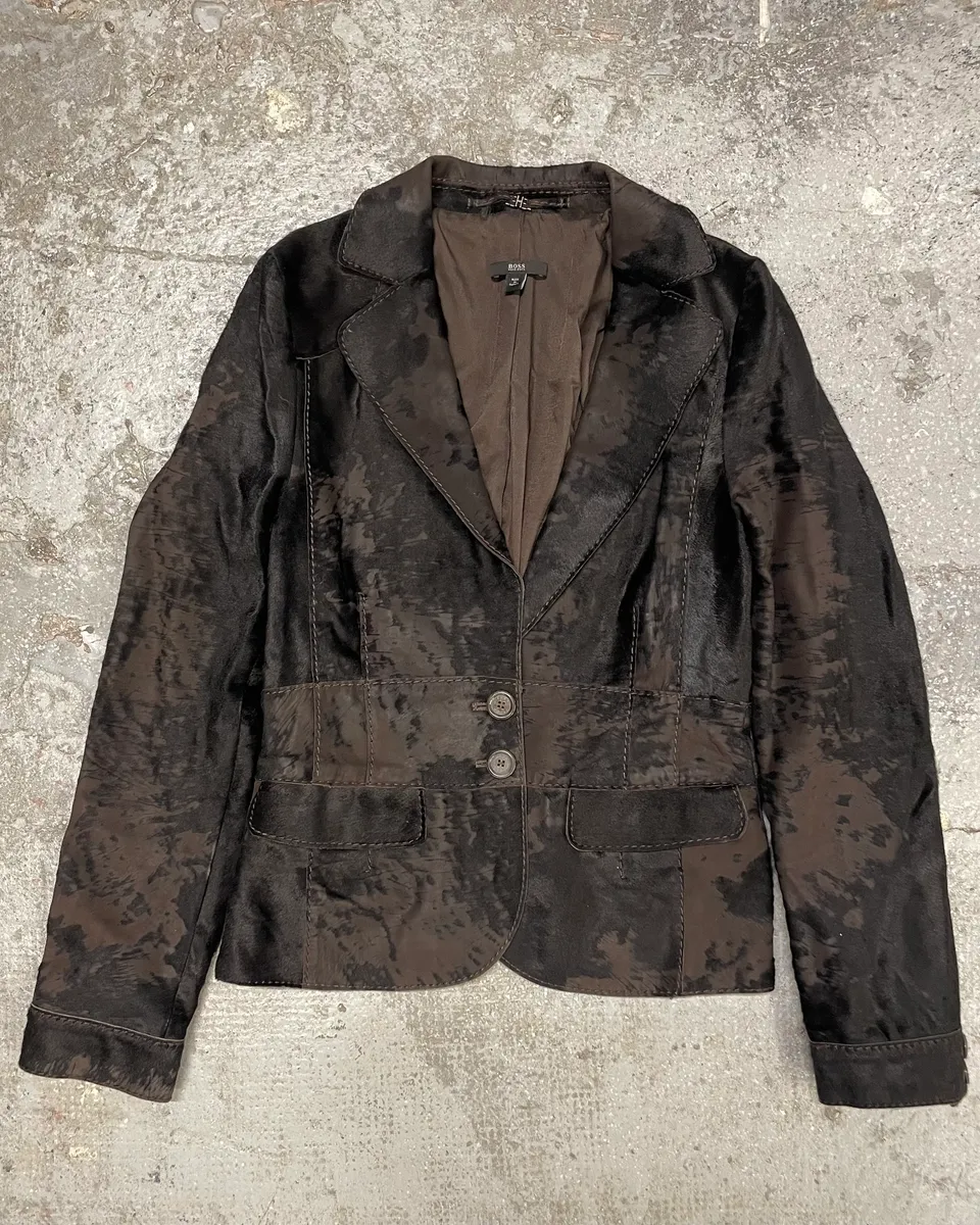 1990s Hugo Boss Pony Hair Black Irregular Blazer Leather Jacket
