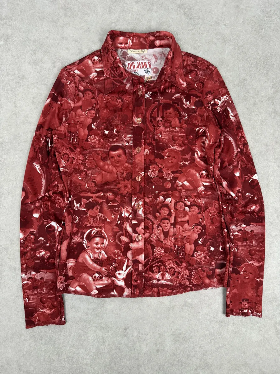 1990s Jean Paul Gaultier Burgundy Baby Asian World Shirt - Image 5