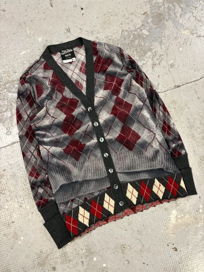 1990s Jean Paul Gaultier Maille Checkered Bordeaux Cardigan - Image 2