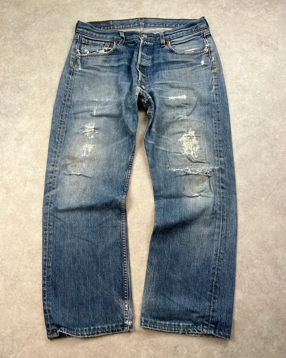 1990s Levi’s 501 Blue Faded Distressed Denim Jeans - Image 4