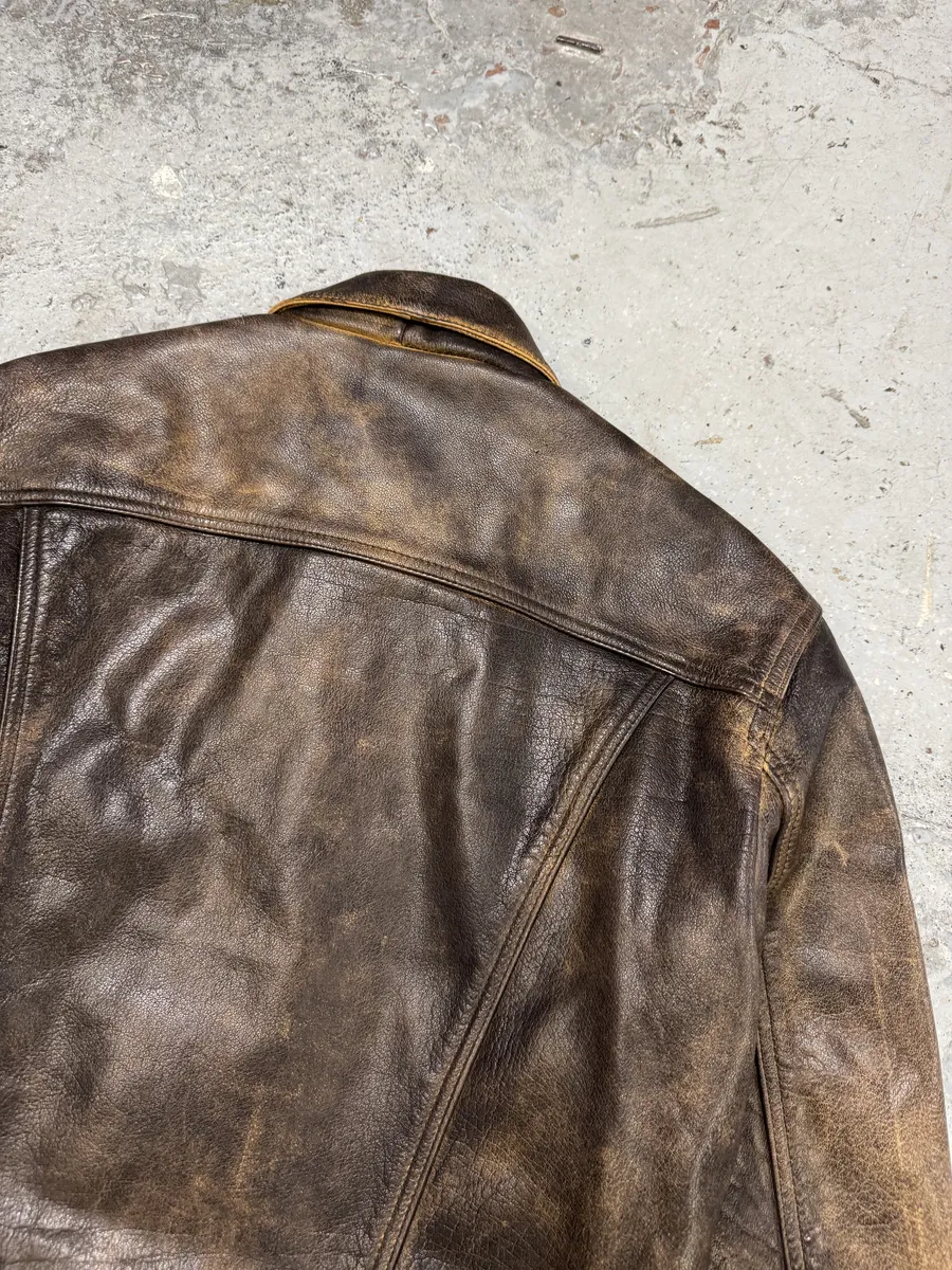 1990s Levi’s Brown Buttoned Eroded Leather Jacket - Image 3
