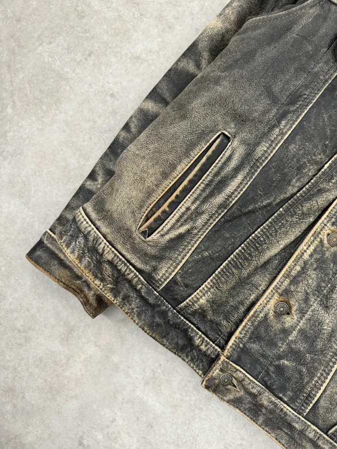 1990s Levi’s Grey Eroded Trucker Leather Jacket - Image 6