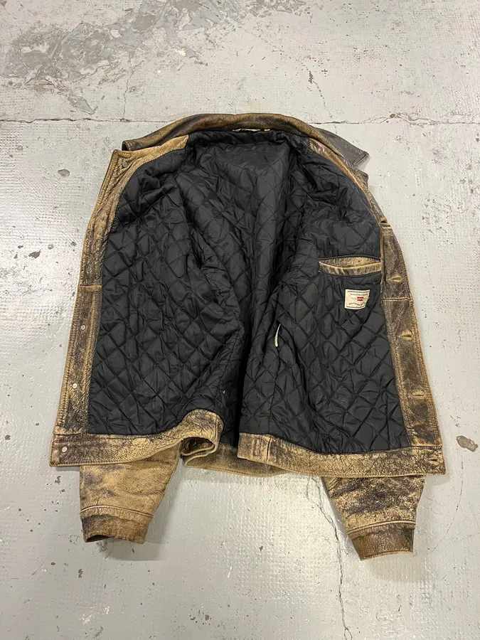 1990s Levi’s Yellow Grey Eroded Leather Trucker Jacket - Image 10