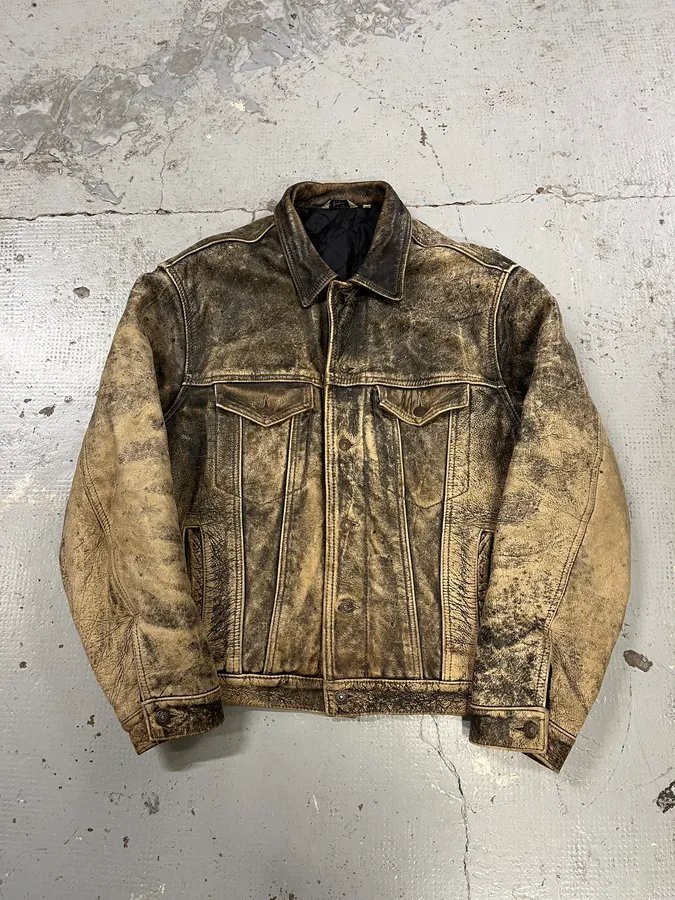 1990s Levi’s Yellow Grey Eroded Leather Trucker Jacket - Image 4