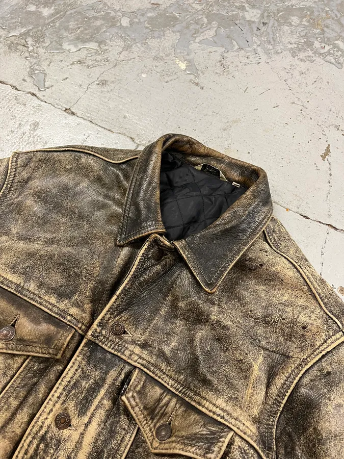 1990s Levi’s Yellow Grey Eroded Leather Trucker Jacket - Image 5